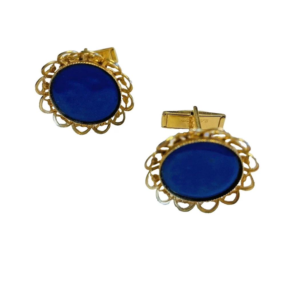 Vintage Mid Century Cufflinks Blue Enamel Rounds Gold Tone Filigree Surround